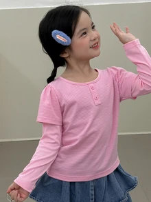 Dazy Kids 女童條紋拼接 2 合 1 休閒百搭日常長袖 T 恤 - 粉色 - 查看 5
