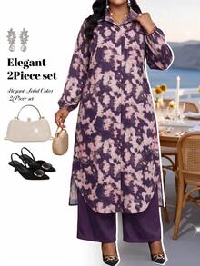 Fleurora Plus Size Floral Print Button-Up Shirt And Pants 2 Pieces Set - Purple - View 6