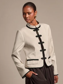 Silquee Women's Elegant Frog Button Long Sleeve Vintage Jacket - Beige - View 5