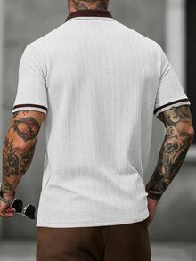 Manfinity CasualCool 男士字母印花短袖 Polo 衫，米色，夏季，休閒時尚，度假，復古老錢風休閒通勤棕色上衣，適合日常休閒辦公 - 白色 - 查看 2
