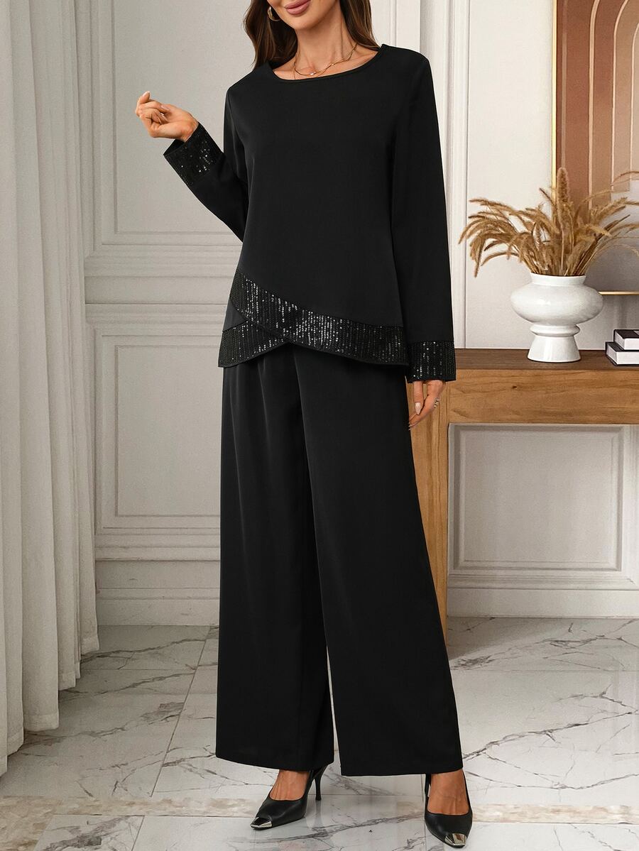 EMERY ROSE Women's Solid Color Round Neck Long Sleeve Sequin Patchwork Blouse And Wide Leg Pants Elegant 2 Pieces Set - Black - View 1