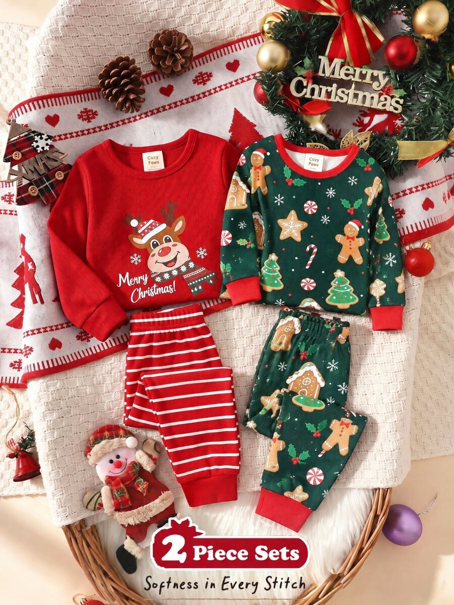 SHEIN Young Boy Santa Claus Pattern Knit Soft Crew Neck Long Sleeve Pullover Top & Elastic Waist Slim Fit Pajama Pants 2 Pieces Set - Green - View 1