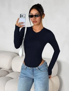 SHEIN PETITE 女款純色修身百搭日常穿著長袖連身衣，黑色，秋季極簡簡約百搭，小碼 - 藏蓝色 - 查看 5