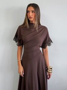 Aloruh Burgundy Knit Midi Dress With Lace Sleeve Patchwork, Elegant Slimming A-Line - Burgundy - View 1