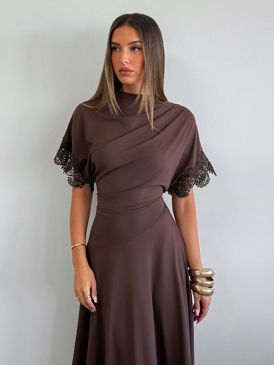 Aloruh Burgundy Knit Midi Dress With Lace Sleeve Patchwork, Elegant Slimming A-Line - Burgundy - View 1