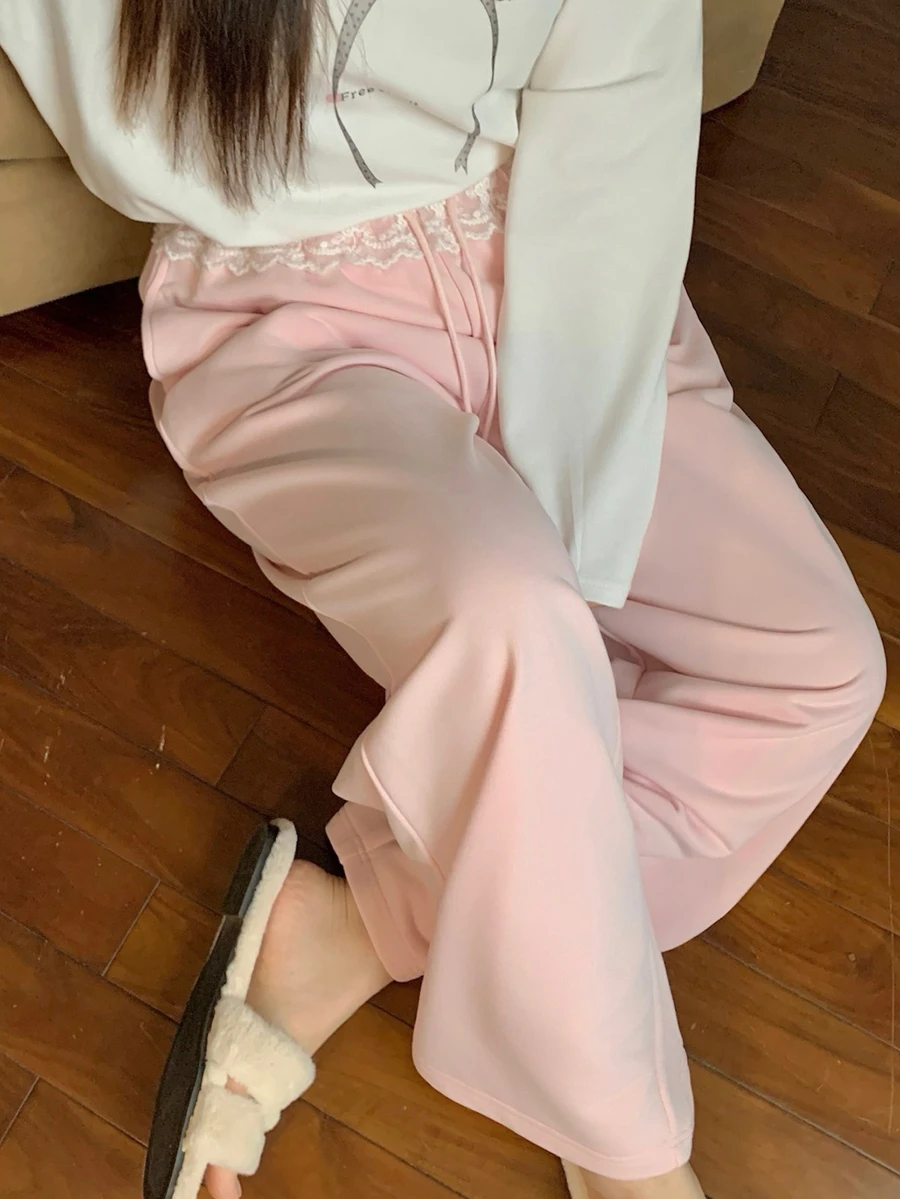 Dazy Plus Pink Contrast Lace Waist Design Casual Sweatpants For Girls - Pink - View 1