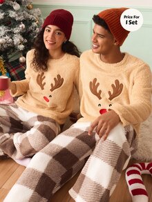 Chillnights Men's Deer Horn Embroidered Long Sleeve Fleece Top And Plaid Pants Loungewear Set - Brown - View 1