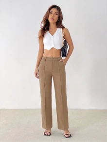SHEIN PETITE 女款休閒優雅簡約通勤上班辦公室素色直筒長褲，小個子女性教師節黑色秋季款 - 駝色 - 查看 4