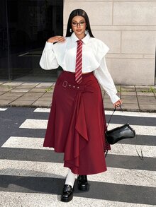 Maweii Spring Autumn Winter New Essential Daily Outfit Elegant Sophisticated Elegant Fashion Design Burgundy Asymmetric Layered Design Asymmetrical Hem Design Simple High-End Elegant Commute Loose Plus Size Women Long Skirt - Red Violet - View 5