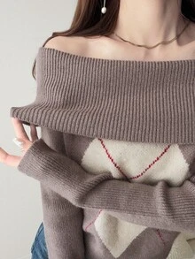 FRIFUL كنزة نسائية كاجوال بأكمام طويلة وكتف مكشوف بنقشة الماس - متعدد الألوان - مشاهدة 8