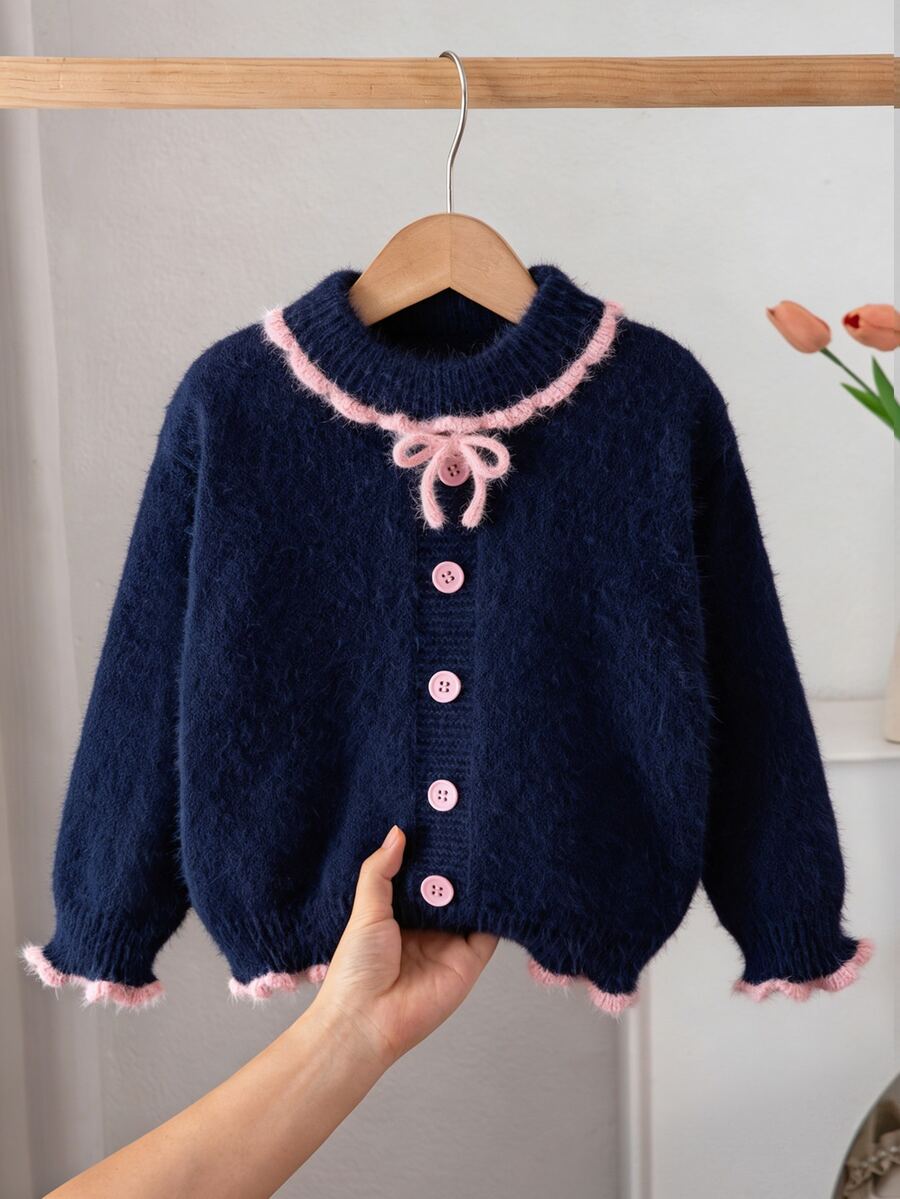 SHEIN 女童軟色塊蕾絲領針織套頭毛衣,前綁帶蝴蝶結領設計,仿貂毛,厚實寬鬆長袖上衣,甜美風格,日常穿著,外穿或內搭,秋冬款 - 藏蓝色 - 查看 1