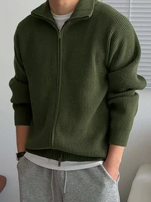 DAZY Autumn/Winter Military Green Zipper Stand Collar Open Front Men's Cardigan - Army Green - View 7