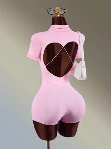 Amplova Minimalist Zipper Half-Placket Short Sleeve Sports Romper - Pink - View 5