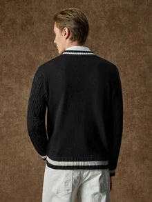 Manfinity CityGents Old Money 男士復古條紋拼色長袖毛衣，情侶穿搭，辦公通勤秋季款，最佳節日禮物 - 藏蓝色 - 查看 2