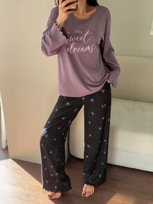 DAZY 2pcs/Set Women's Pajama Set, Loose Letter Print Long Sleeve T-Shirt & Sweet Floral Straight Leg Long Pants - Purple - View 3