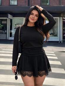 Easura 2026 Autumn/Winter Women's Plus Size Semi-High Neck Long Sleeve Ruched + Lace Trim Solid Black Dress; Occasions: Daily Commute, Coffee Shop Check-In, Weekend Street Outing - Black - View 6