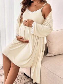 Slowluna 孕婦蕾絲飾邊細肩帶睡裙與晨袍 2 件組哺乳套裝 秋季 - 黃色 - 查看 6