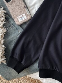 SHEIN Tween女孩連帽抽繩黑白波點字母印花前開襟拉鍊運動衫 - 黑色 - 查看 6