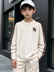 青少年男孩秋季休閒極簡風米色棕色單條胸前NY字母圖案長袖T恤 - 彩色 - 查看 4