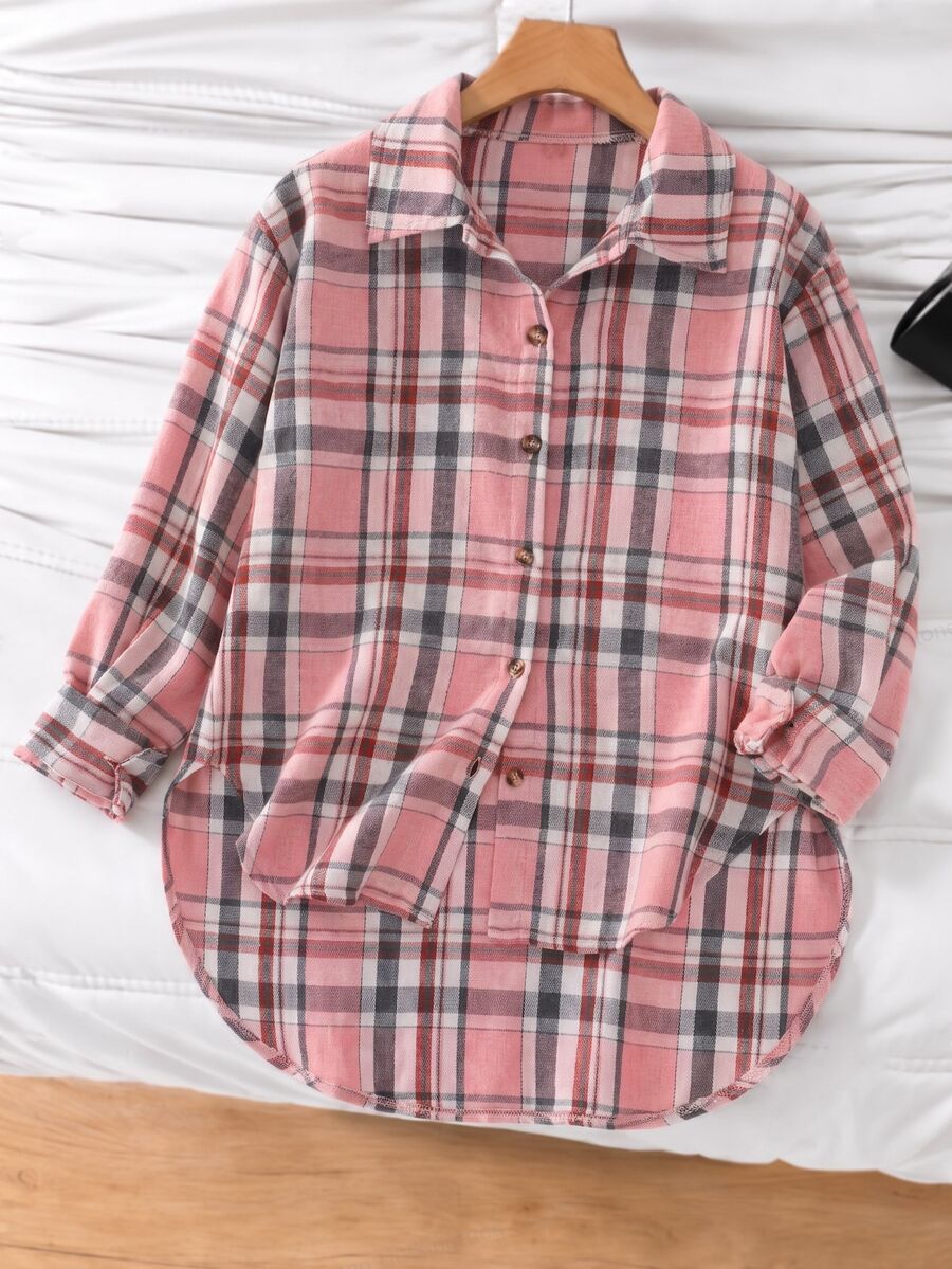 SHEIN 青少年女孩秋季穿搭 格紋法蘭絨襯衫 長袖翻領鈕扣休閒上衣 - 粉色 - 查看 1