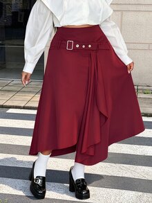 Maweii Spring Autumn Winter New Essential Daily Outfit Elegant Sophisticated Elegant Fashion Design Burgundy Asymmetric Layered Design Asymmetrical Hem Design Simple High-End Elegant Commute Loose Plus Size Women Long Skirt - Red Violet - View 3