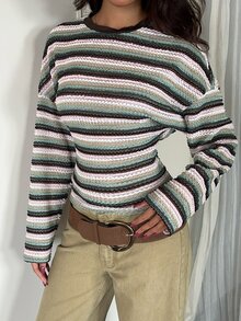 Aloruh 女款條紋圓領落肩長袖休閒T恤 - 彩色 - 查看 5