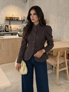Firerie Women's French Elegant Button Petal Sleeve Blazer - Brown - View 2