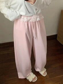 Dazy Plus 女童粉色對比蕾絲腰部設計休閒運動長褲 - 粉色 - 查看 1