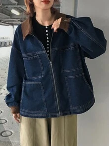 FRIFUL Women's Colorblock Lapel Zipper Front Casual Denim Jacket - Blue - View 1