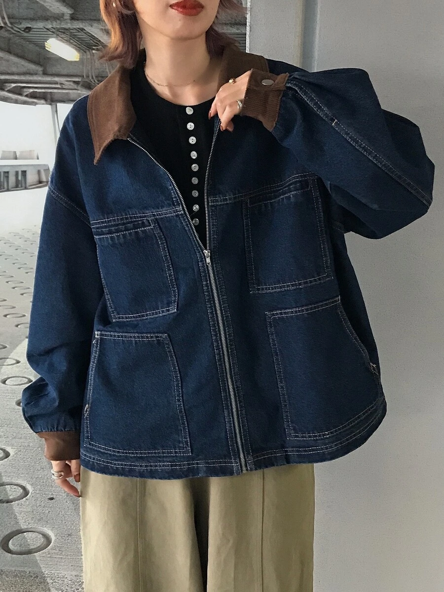 FRIFUL Women's Colorblock Lapel Zipper Front Casual Denim Jacket - Blue - View 1