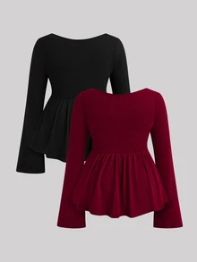 Sweetra Plus Size Women's Solid Color Pleated Casual Daily Long Sleeve T-Shirt Fall - Multicolor - View 2