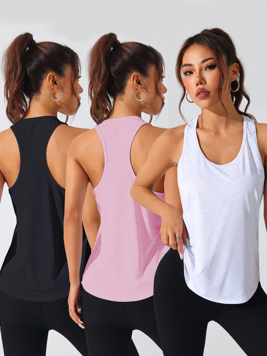 SHEIN Velisys ملابس علوية رياضية بدون أكمام بظهر رياضي بلون موحد للنساء للتمارين اليومية - متعدد الألوان - مشاهدة 1