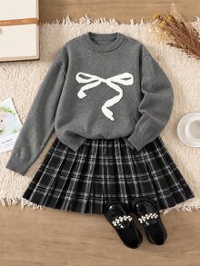 Genkimix Kids 女童棋盤格毛衣套裝，酒紅黑白棋盤格蝴蝶結裝飾裙，萬聖節、聖誕節、開學季可愛造型套頭衫 - 灰色 - 查看 7