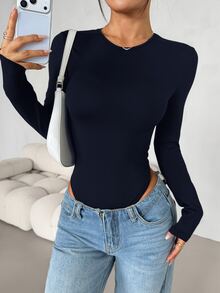 SHEIN PETITE 女款純色修身百搭日常穿著長袖連身衣，黑色，秋季極簡簡約百搭，小碼 - 藏蓝色 - 查看 3