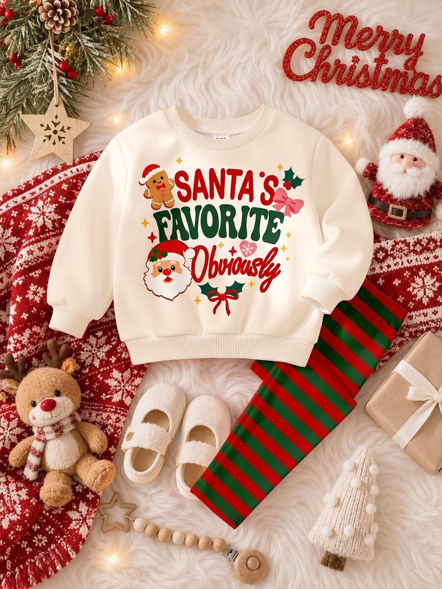 Santa's Favorite Obviously 幼女聖誕搖粒絨運動衫與刷毛布料精靈圖案內搭褲套裝,節日派對禮物,舒適氛圍 - 彩色 - 查看 1