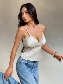 SHEIN PETITE Spring/Summer Vacation Solid Color Woven Contrast Lace Camisole Tank Top For Women - Beige - View 4