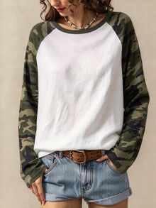 Nubod 女款拼接迷彩印花寬鬆版型長袖休閒街頭 Y2K 插肩袖 T-shirt，適合秋季街頭穿搭、週末日常外出上衣 - 彩色 - 查看 1