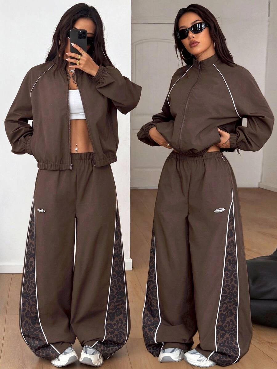 Coolane 女款秋冬街頭風休閒外出運動服日常穿著圖案豹紋黑色寬鬆長袖夾克與拼色長褲2件組 - 咖啡棕 - 查看 1