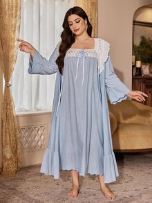 PalaceNights Royal Style Heavy Embroidery Plus Size Robe + Camisole Dress 2pcs Set - Baby Blue - View 8