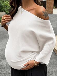 Dazy Maternity 寬鬆素色休閒短袖日常穿著初秋孕婦針織衫 - 白色 - 查看 5