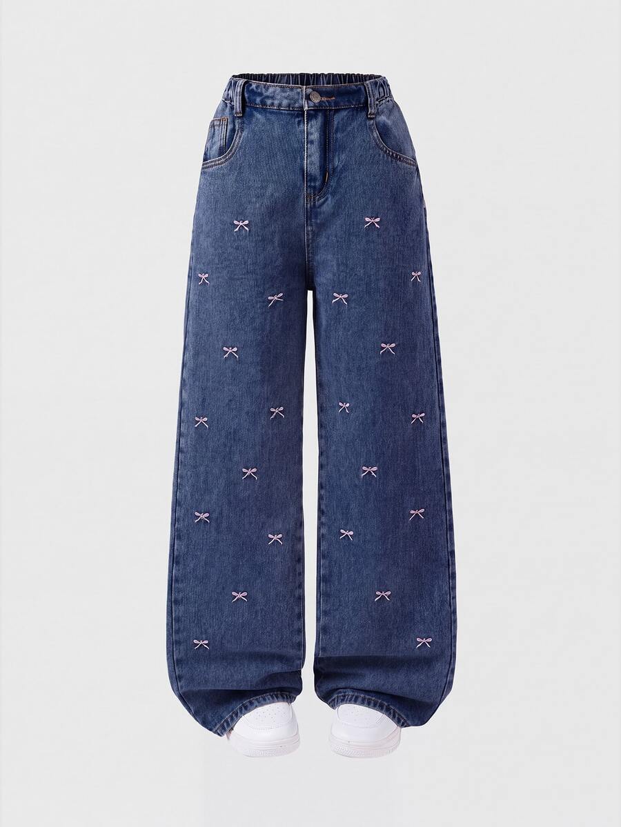 SHEIN ChillGRL Girls' Wide Leg Jeans, New Design Embroidered Bow Straight Leg Pants, Loose Fit Jeans For Girl, Loose Fit Girls Jeans Autumn Fall - Blue - View 1