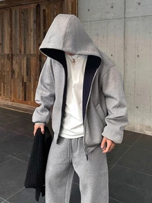 DAZY Autumn/Winter Gray Thermal Lined Contrast Color Patchwork Men's Hoodie Sweatshirt Set - Grey - View 4