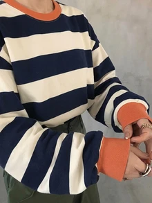 FRIFUL 女款圓領條紋拼接休閒百搭日常穿著圖案T恤 - 藏蓝色 - 查看 3