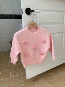 Hapijoa Young Girl 3D Heart Decor Round Neck Drop Shoulder Long Sleeve Casual Sweater - Pink - View 2