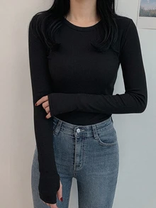 DAZY 女款純色長袖修身底層打底T恤 - 黑色 - 查看 4