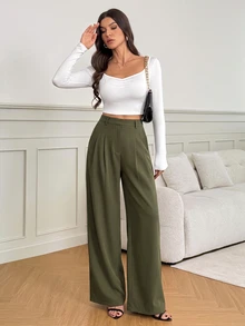 SHEIN Tall 女款黑色高腰寬腿長褲，優雅商務休閒上班西裝褲，高挑百搭純色秋冬老錢風正裝褲 - 軍綠色 - 查看 8