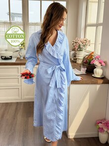 Snug Reverie Áo choàng dài tay dài mùa xuân/thu, viền bèo nhún, 100% cotton jacquard - Màu xanh lam - Xem 2