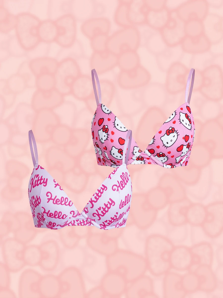 HELLO KITTY AND FRIENDS | SHEIN حمالة صدر نسائية بطبعة حروف كاجوال مريحة - وردي - مشاهدة 1