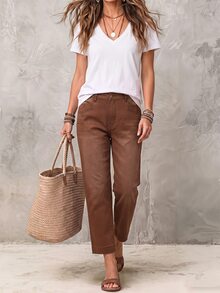 LUMIGAL Plus Size Women's Casual Daily Denim Jeans With Pockets And Buttons - Coffee Brown - View 2