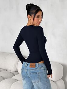 SHEIN PETITE 女款純色修身百搭日常穿著長袖連身衣，黑色，秋季極簡簡約百搭，小碼 - 藏蓝色 - 查看 2